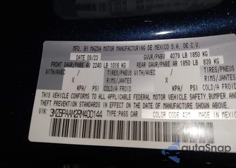 2024 Mazda Mazda3 2.5 S из США, поврежденный, VIN 3MZBPAAM2RM400144